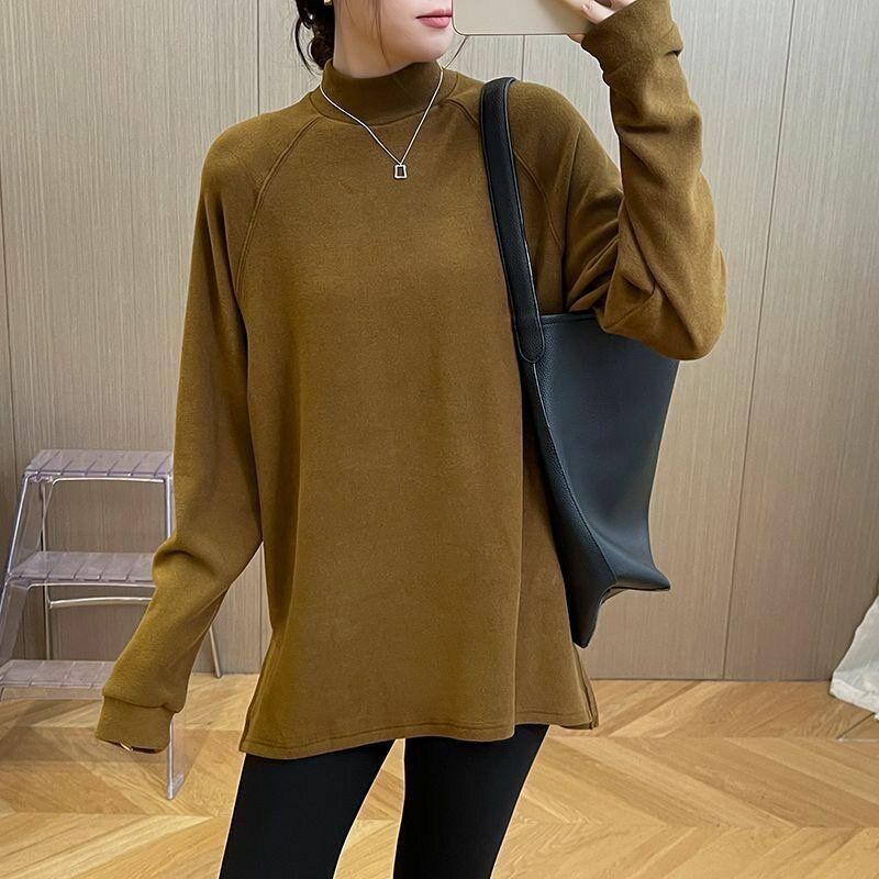 Fashion Stand Collar Loose Korean Solid Color T-Shirt Women's Clothing 2023 Winter Oversized Casual Tops Commuter Tee Shirt