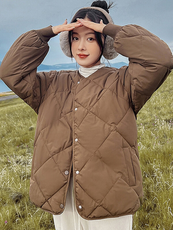 Jaqueta de algodão leve de peito único feminina, casaco acolchoado feminino, parkas solto casual, moda coreana, outono, inverno
