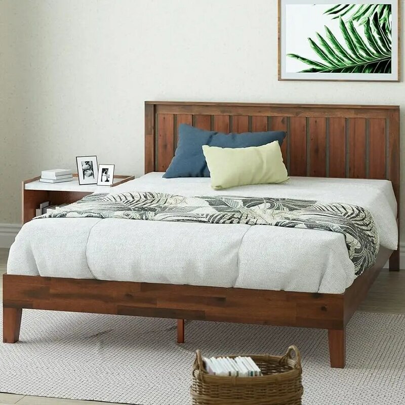 Drewniana rama łóżko z pełnymi bokami ZINUS Vivek Deluxe z zagłówkiem/listwą drewnianą podparciem/bez sprężyny skrzynowej/łatwy montaż, król
