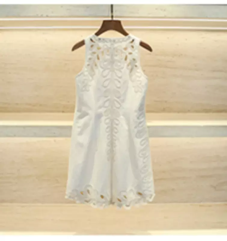 Women White Dress Embroidery Hollow Out Sleeveless O-Neck Zipper Holiday Summer 2024 Mini Robe