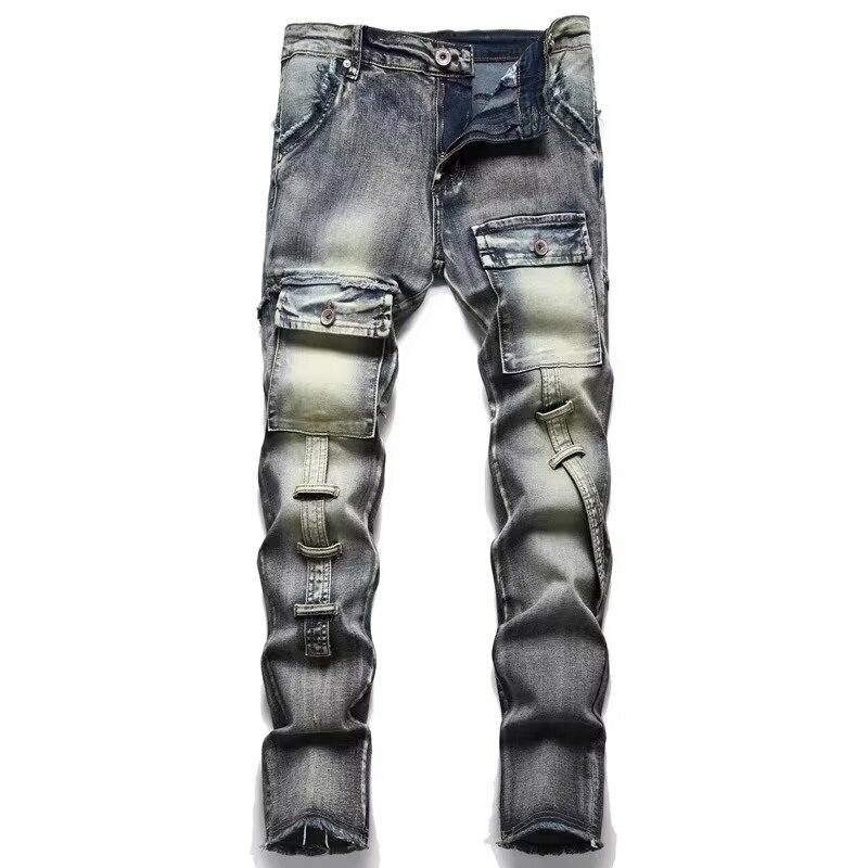 Herren Jeans männlich europäischen amerikanischen Trend zerrissen kleben Stoff Stretch kleine gerade Bein Mode Jeans hose Original Design