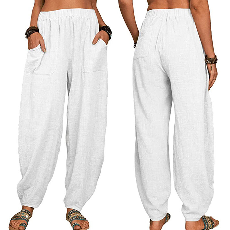 Spodnie damskie haremki bawełniana pościel na lato z rozciągliwą talią, szeroka nogawki Vintage Boho spodnie plażowe jednolite, z kieszeniami damskie spodnie gorące