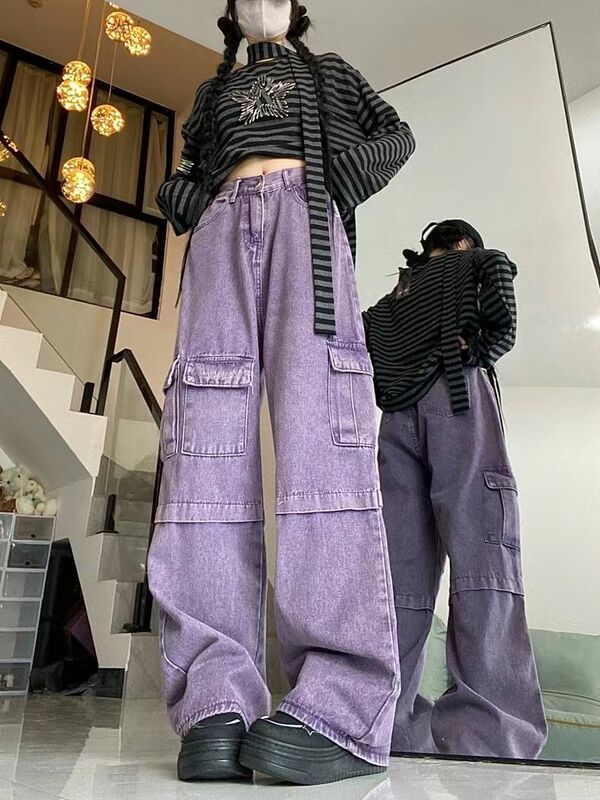 Denim Overalls With Multiple Pockets High Waist Purple Hong Kong Style Retro Women Autumn Loose And Versatile Straight Overalls