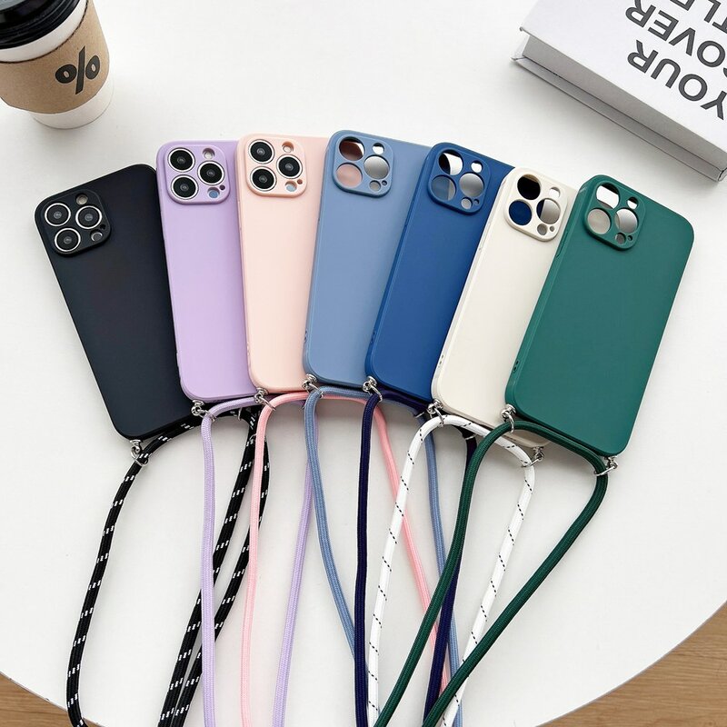 Capa de silicone com cordão simples para iPhone, capa macia para iPhone 15, 11, 12, 13, 14 Pro Max, XR, X, XS, 7, 8 Plus, pulseira com cordão de corda