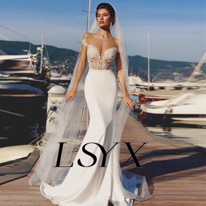 LSYX-Boho Off-Ombro Apliques, Deep V-Neck, Crepe Sereia Vestido de Noiva, Ilusão, Back Court Trem vestido de noiva, Custom Made