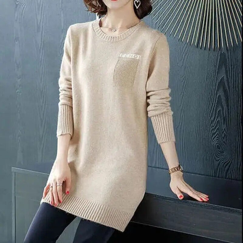 2022 outono inverno coreano elegante letras de malha camisola feminina casual o pescoço manga longa solto pullovers túnica básica superior feminino