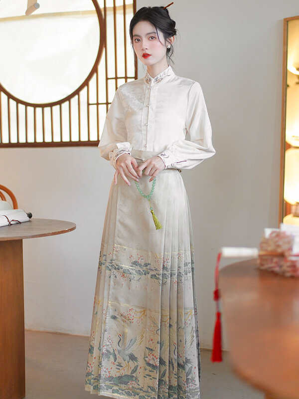 Spódnica Hanfu koń twarz kobiety chińskie tradycyjne Vintage Hanfu plisa spódnica Han Element Retro nowy chiński styl spódnica