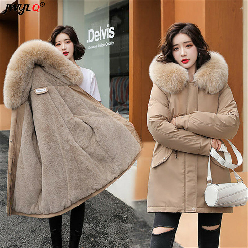 Модная зимняя куртка с капюшоном и шерстяной подкладкой, 2023, Женская парка, повседневный меховой воротник, бархатная теплая уличная одежда, женские пальто, свободные куртки