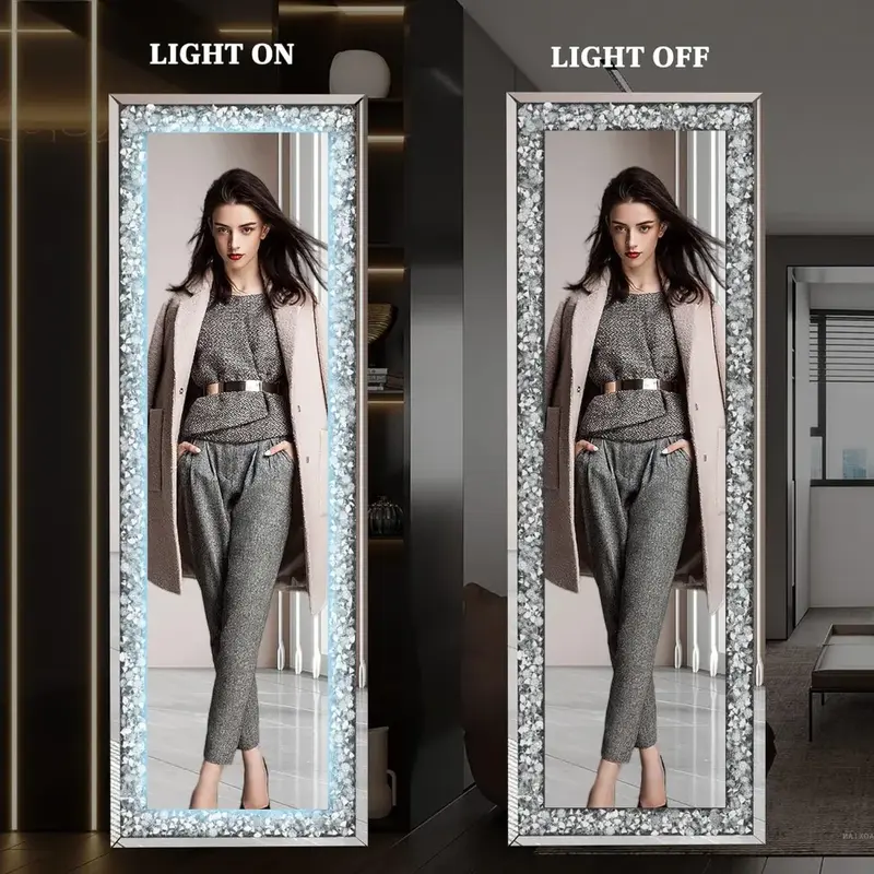 Full-Length Mirror 63”×20” With Lights and Crystal Crush Diamond Wall Mounted Hanging Diamond Mirror Leaning Freight Free