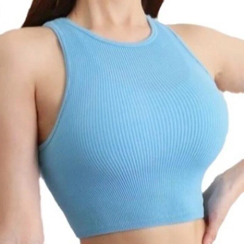 Crop Top Women Athletic Sports Tank Seamless Streetwear Elastic Rib-Knit Sleeveless Yoga Vest Tee Stretchy Gym Tight