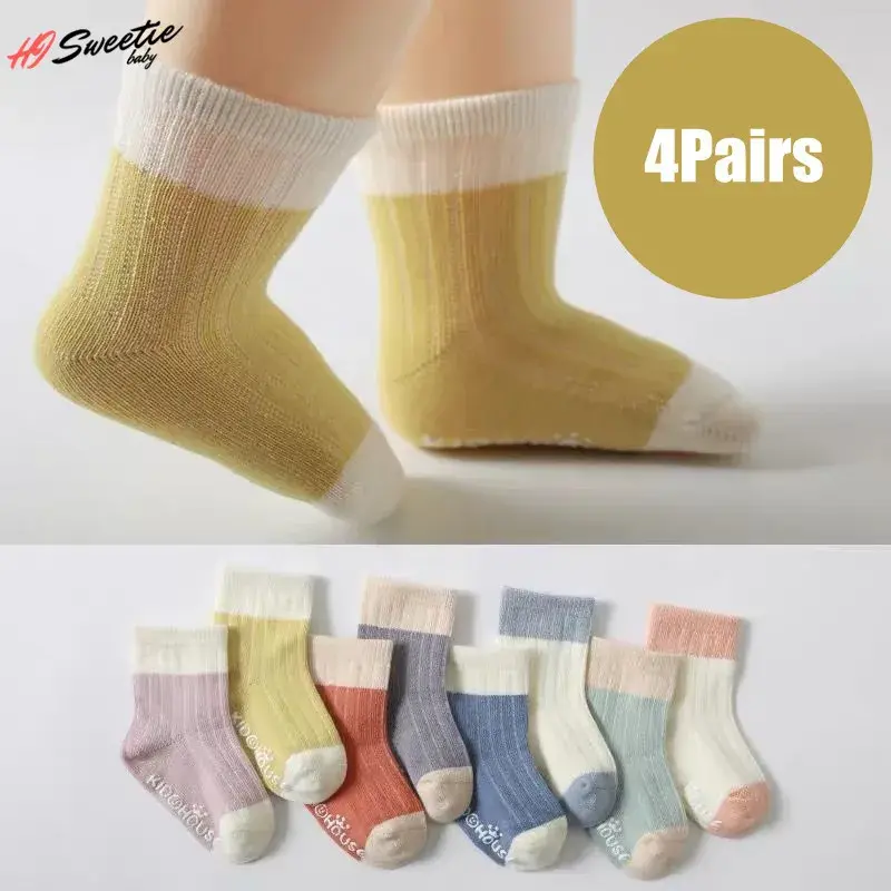 4 пары, хлопковые нескользящие носки для новорожденных, 0-36 месяцев