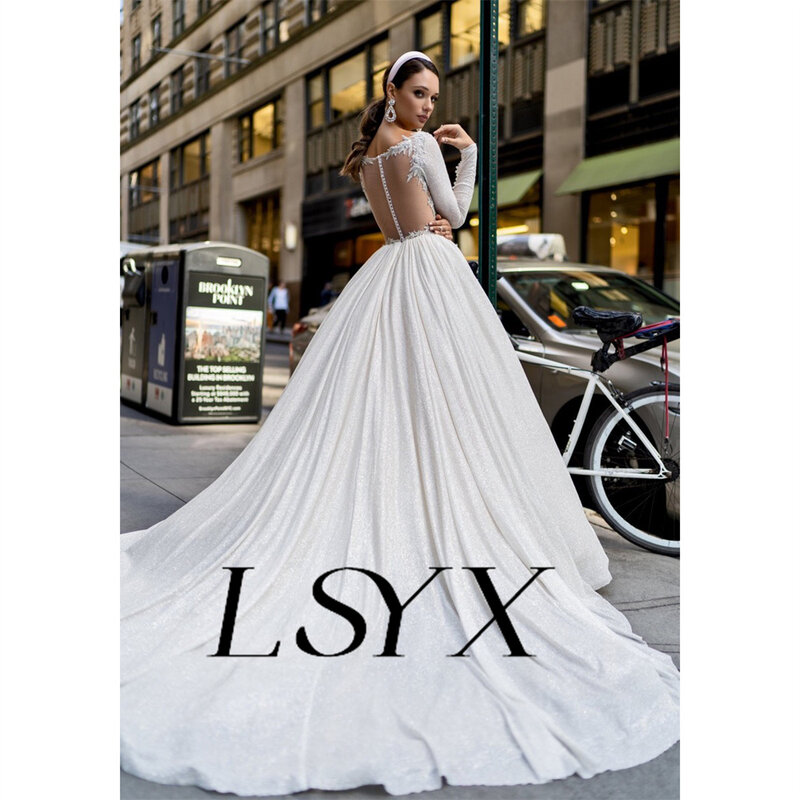 LSYX Princess O-Neck Shiny Long Sleeves Appliques Wedding Dress Illusion Button Back Bow A-Line Court Train Bridal Gown