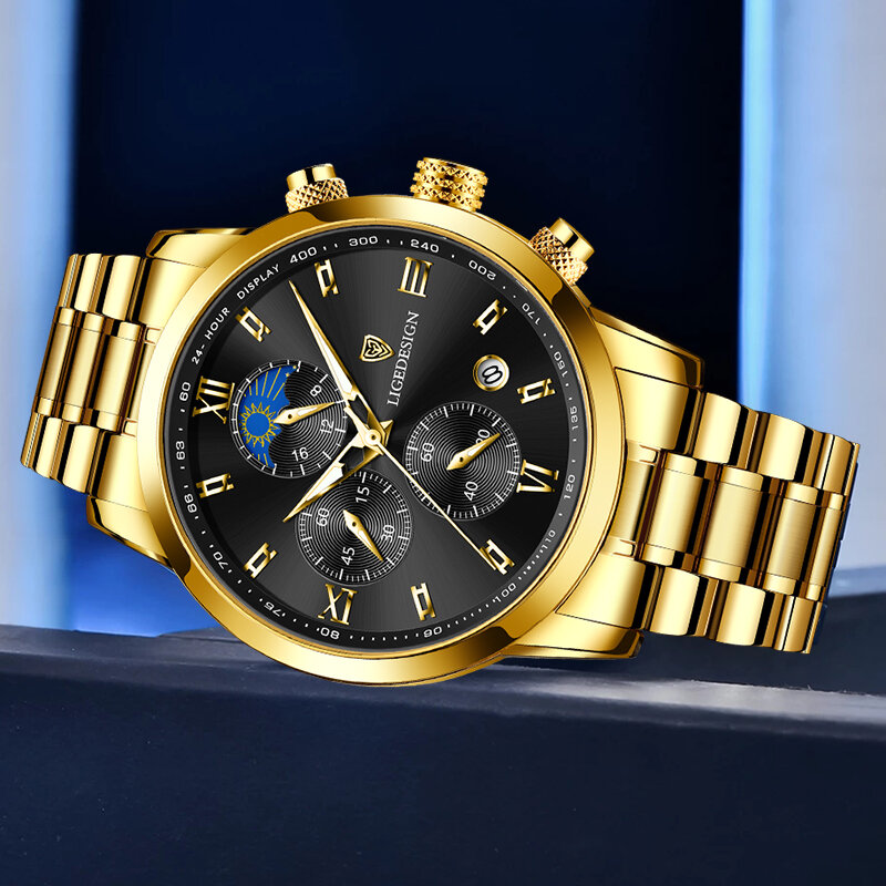 LIGE 2023ใหม่นาฬิกาผู้ชายหรูหราแฟชั่นสีทองนาฬิกาควอตซ์ Analog Chronograph Sport กันน้ำนาฬิกาข้อมือ Relogio Masculino