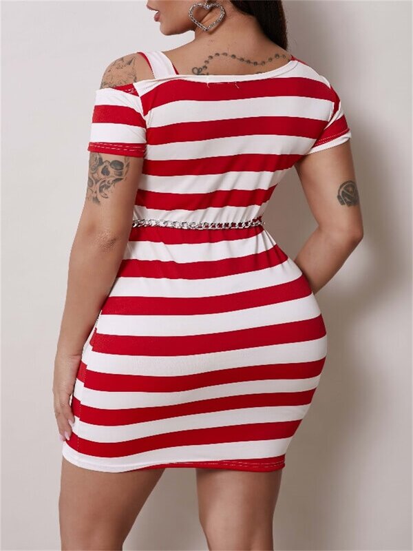 LW Summer Mini Dress Casual Hollow-out Striped Cold Shoulder T-shirt Stretchy Long Sleeve Sheath Body-shaping Female Vestidos