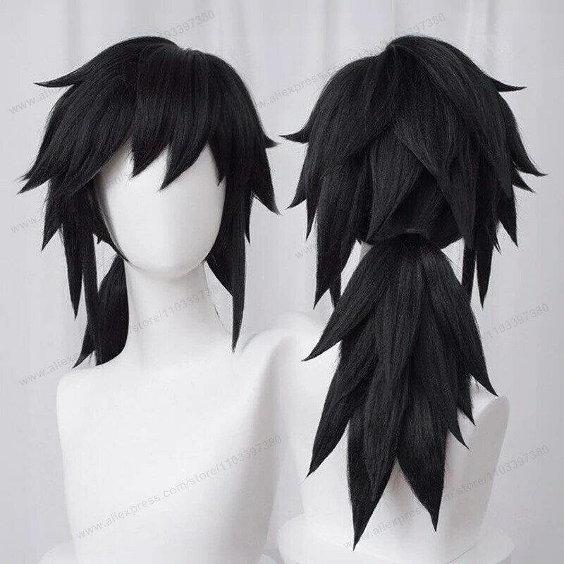 Парик для косплея Tomioka Giyuu длиной 40 см, термостойкие синтетические волосы для аниме, с черными волосами