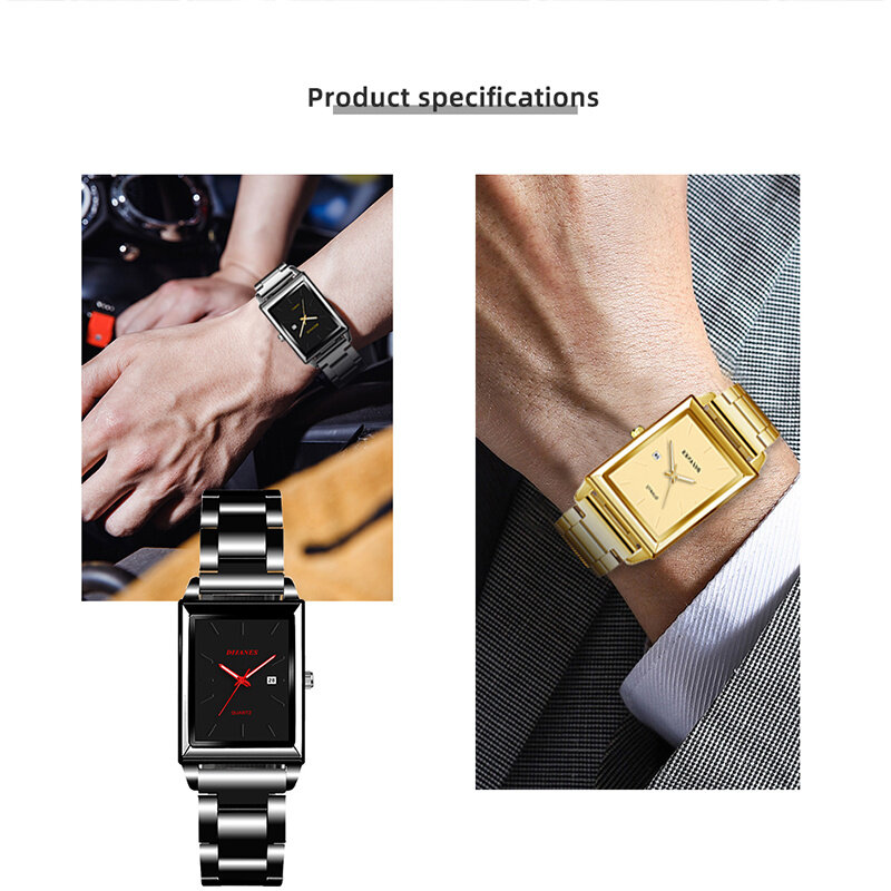 Modne zegarki męskie dla mężczyzn prostokąt ze stali nierdzewnej zegarek kwarcowy na rękę Luminous Man zegarek skórzany w stylu Casual relogio masculino