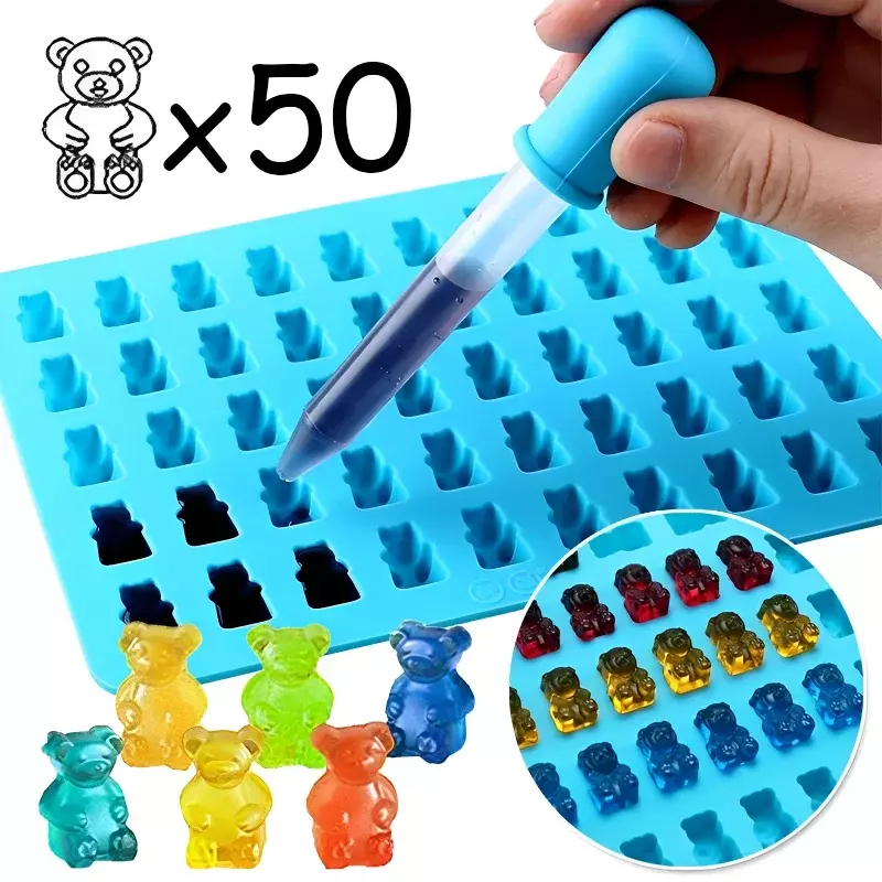 50 Grids Gummy Bear Mold Silicone Cute Bear Jelly Mould with Dropper Candy Chocolate Fondant Moulds DIY Baking Decoration Tools