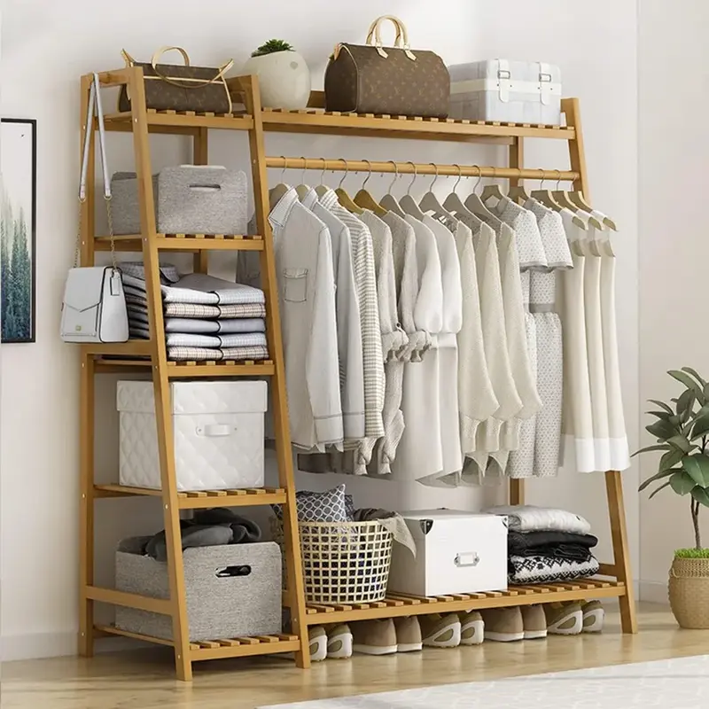 Bamboo Clothing Garment Rack 7 Tier Storage Shelf Coat Clothes Hanging Rack, Heavy Duty Portable Wardrobe Closet Organizer With