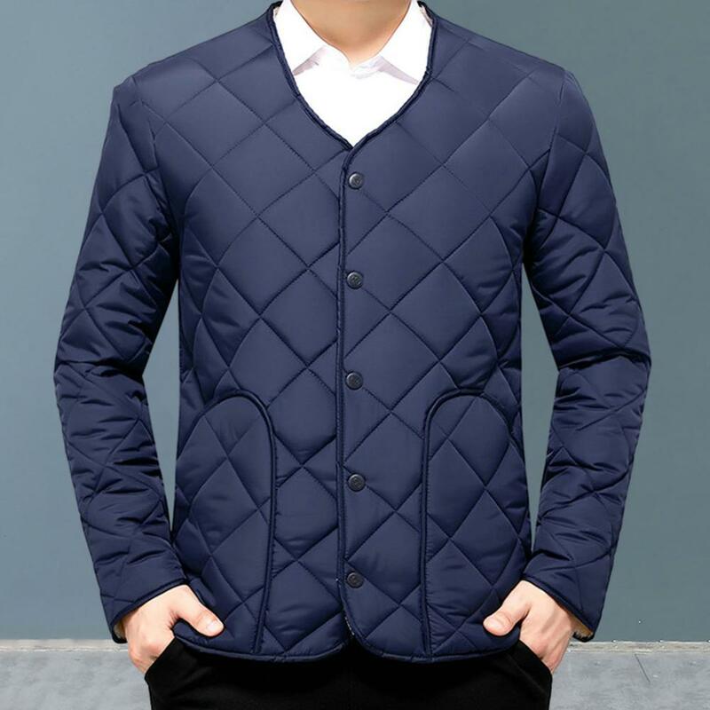 Men Winter Down Padded Jacket Long Sleeve Single Breasted Fleece Lining Male Casual Outerwear Snow Waistcoat