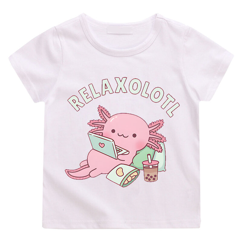 Cute Relax Axolotl manga curta camiseta para crianças, Cartoon Funny Pun roupas gráficas para meninos e meninas, camisetas de algodão, tops de verão, muito