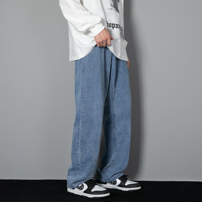 Celana panjang Jeans kasual pria Korea, celana panjang kaki lebar Denim lurus klasik warna Solid biru muda abu-abu hitam 3XL 2023