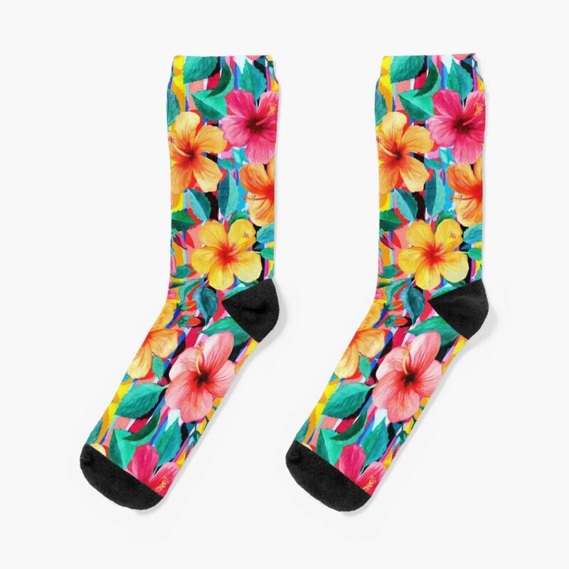 Maximalist kaus kaki bunga Hibiscus Hawaii Floral dengan kaus kaki bergaris kaus kaki wanita senang anime pria