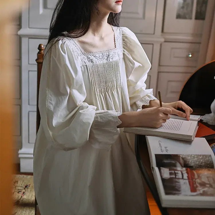 Vintage Printcess damska wiosenna sukienka wieczorowa z długim rękawem damska suknia francuski styl jednolity haft koszula nocna dla kobiet