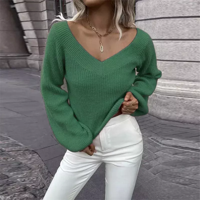 Sweater rajut wanita lengan panjang, Sweater Pullover longgar kasual leher V lengan panjang warna polos musim gugur musim dingin 2024