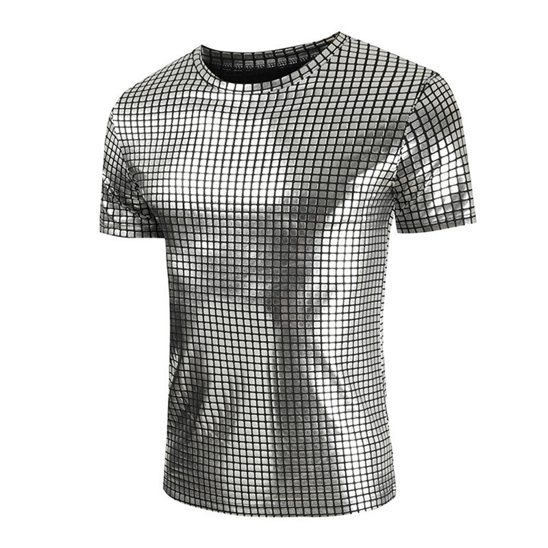 Fashion Men\\\'s 70s Disco Costume Sequin Shirt Short Sleeve T-Shirts O Neck Solid Color Party Club Top T Shirt Man Clothing
