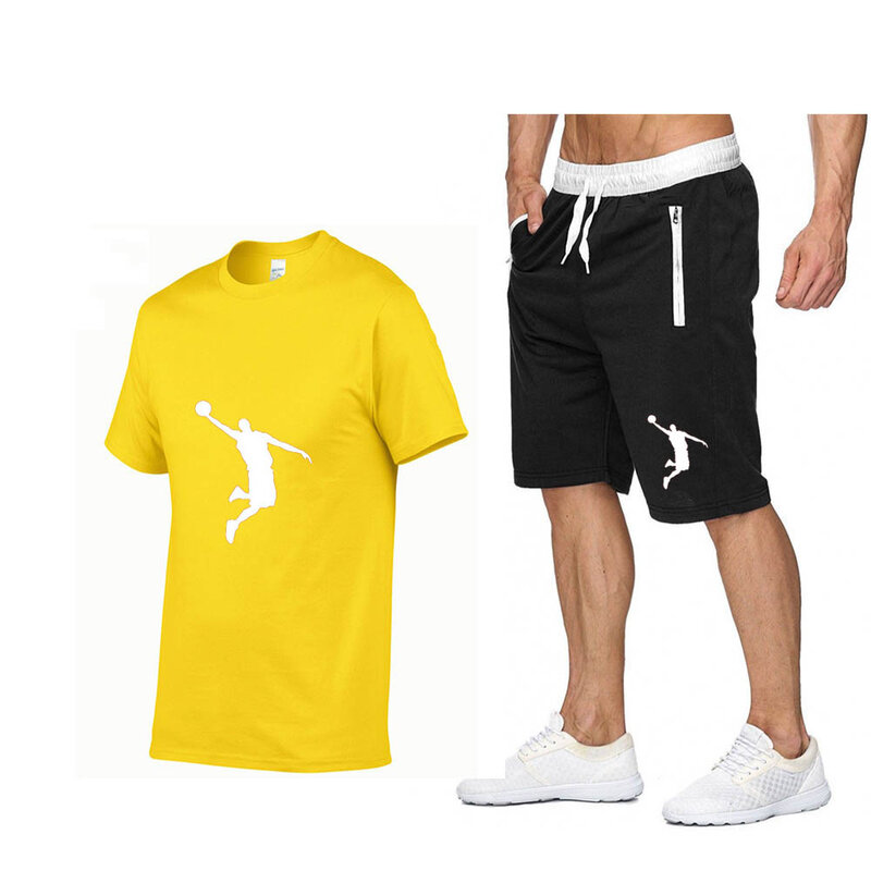 Camiseta e shorts de manga curta respirável masculina, moda esportiva casual para treinamento de basquete, verão