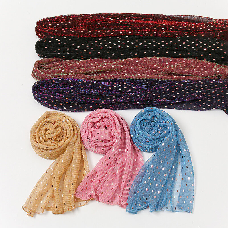 Bufanda de gasa con purpurina para mujer, Hijabs musulmanes, chal de alta calidad, de color liso, arrugado, plateado, 2024