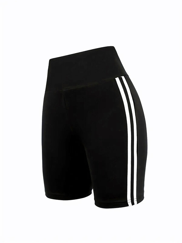 Celana atletik ukuran Plus untuk wanita, celana pendek paha rajut Sporty melar dengan garis samping celana modis dan nyaman
