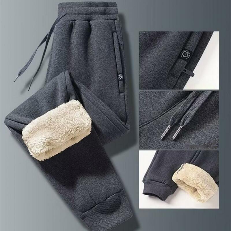 Calça de bolso reforçada masculina, calça grossa de pelúcia, cordão, elástico na cintura, bolsos com zíper, quente, inverno