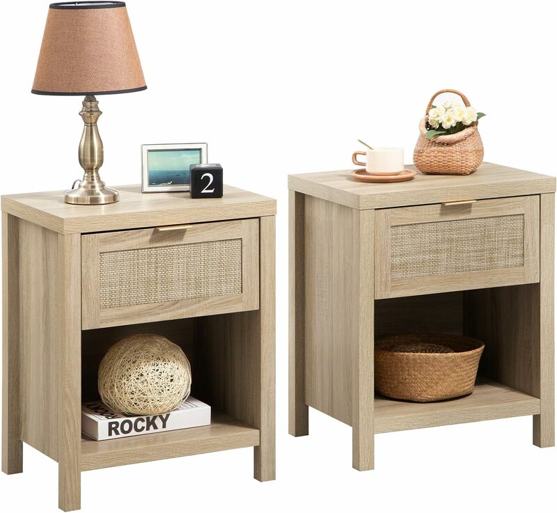Rattan Nightstands Set of 2, Farmhouse Night Stands