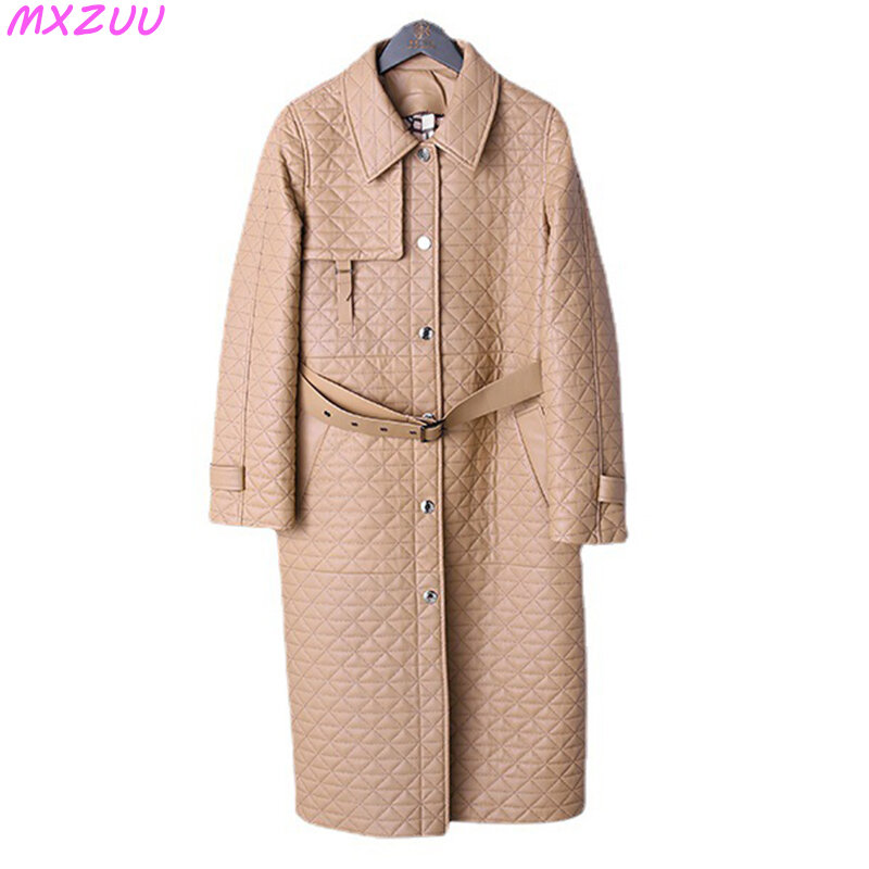 Gabardina de manga larga para Mujer, chaqueta de cuero caqui con Cinturón de piel de oveja y cuadros, talla grande
