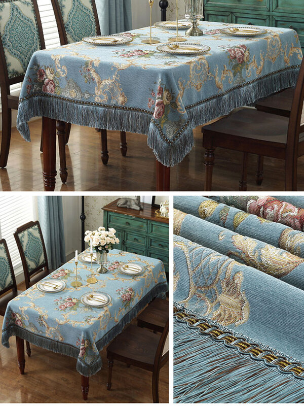 European-style Chenille tablecloth, thickened Rectangular Table Cloth,Tassels Jacquard Dustproof Dining Table Cloth