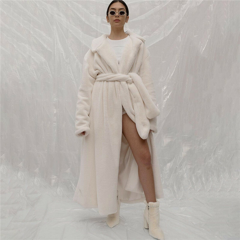 Abrigo de piel sintética de Color liso para mujer, abrigo largo blanco esponjoso, cálido, con capucha y solapa, fajas sueltas, moda coreana, 2021