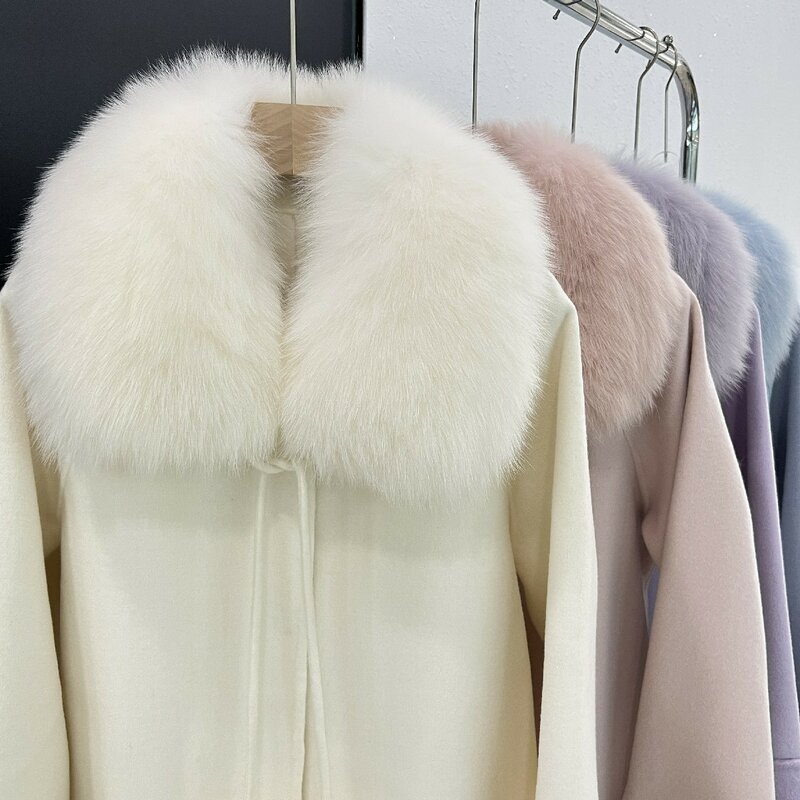 Abrigo de lana de doble cara para mujer, abrigo de longitud media con Cuello de piel de zorro, 2023