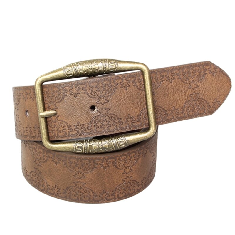 Cinturón Vintage con hebilla bronce antiguo grabado Floral en relieve cinturón cuero PU para mujer Jeans vestido DropShip