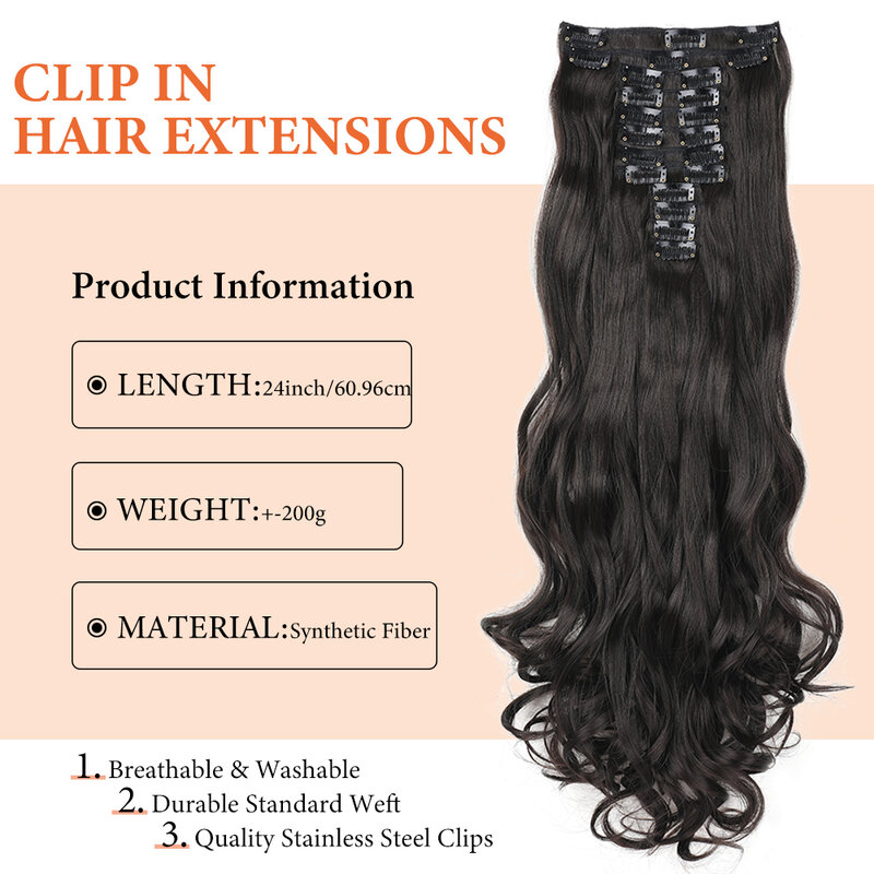 Clip In Hair Extensions 24 Inch Lang Golvend Hoge Kwaliteit Synthetische Haarstukken 12 Stks/pak Dik Dubbel Inslag Zacht Haar Voor Vrouwen