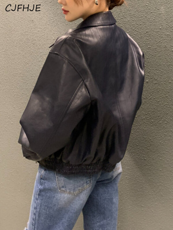 CJFHJE-gabardina de cuero con cremallera para mujer, chaqueta informal de cuero recortado, ropa de calle para motociclista
