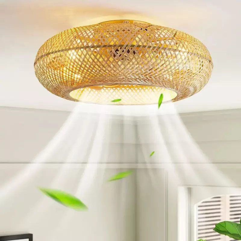 Bambu americano minimalista tecelagem teto ventilador luz, lanterna arte criativa, quarto e dispositivo elétrico sala de estar, restaurante