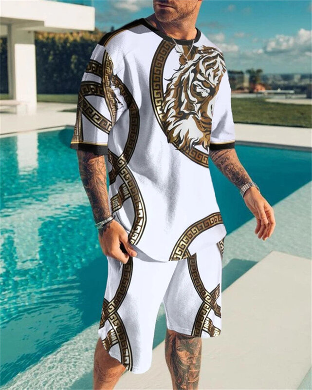 Summer men's 3D digital printed sportswear set, casual beach style, T-shirt and shorts, European and American trends