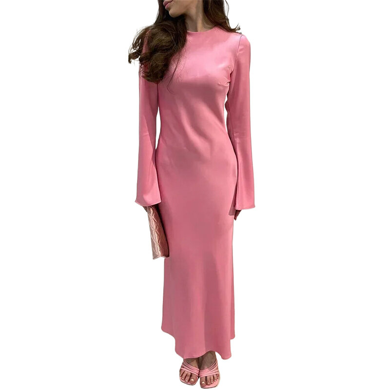 Женское атласное платье-макси с длинным рукавом и высокой талией