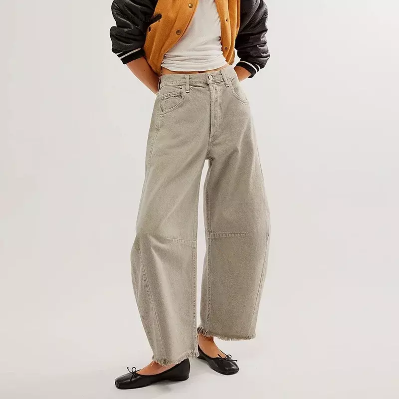 Street Clothing Casual Straight Leg Pants New Solid Color Wide Leg Jeans, Fashionable Button Pocket Short Women's Pants YDL15