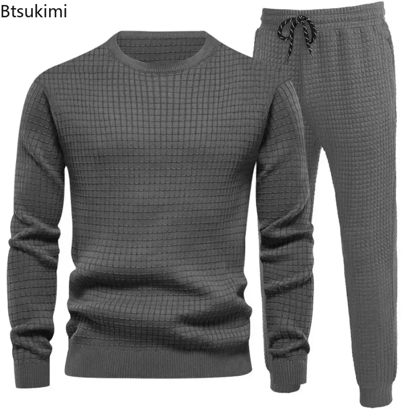 2024 Men's Casual Two Piece Tracksuit Sets Long Sleeve Pullover+Pants Sets Waffle Solid Sport Suits Running Fitness Sets for Men