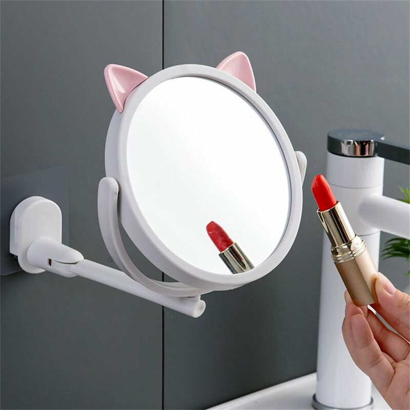 Espejo de maquillaje para baño, accesorio creativo y ajustable, sin perforaciones, montado en la pared, con orejas de gato