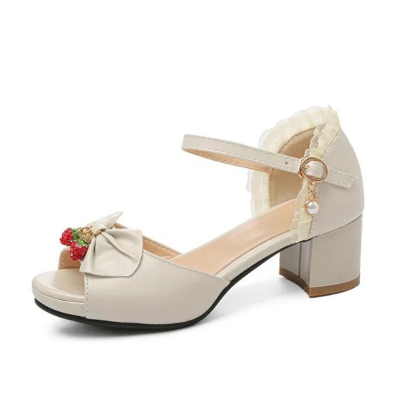 32-43 Sandálias Das Crianças Mulheres Verão Peep Toe Sandálias de Salto Alto Senhoras Moda Pérola Bow Lace Princesa Partido Sapatos de Casamento