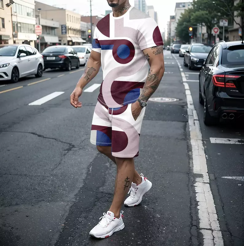 3D casual męskie z okrągłym dekoltem zestaw koszulek lato wysokiej jakości modne spodenki z krótka w stylu ulicznym rękawami odzież sportowa komplet 2 części
