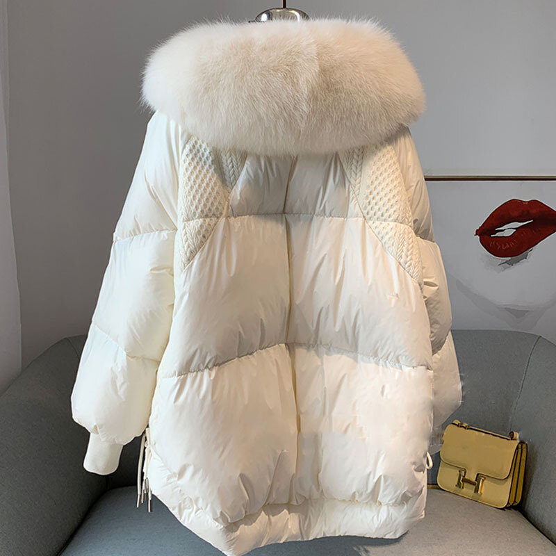 Winter New White Duck Down Jacket for Women with Large Fur Collar Warmth  Loose Fitting White Duck Down Coat Women Parkas